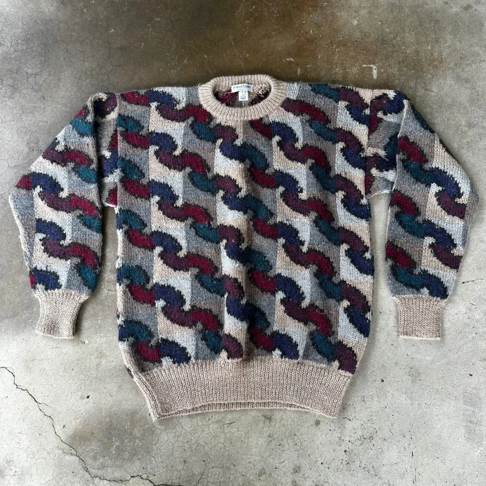 Bullock & Jones Sweater Mens Large Tan Excellent Handknit Alpaca Wool Geometric